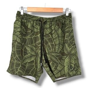 Volcom Swim Trunks Palm‎ Leaf Print Elastic Waist Shorts Unlined Green Size S